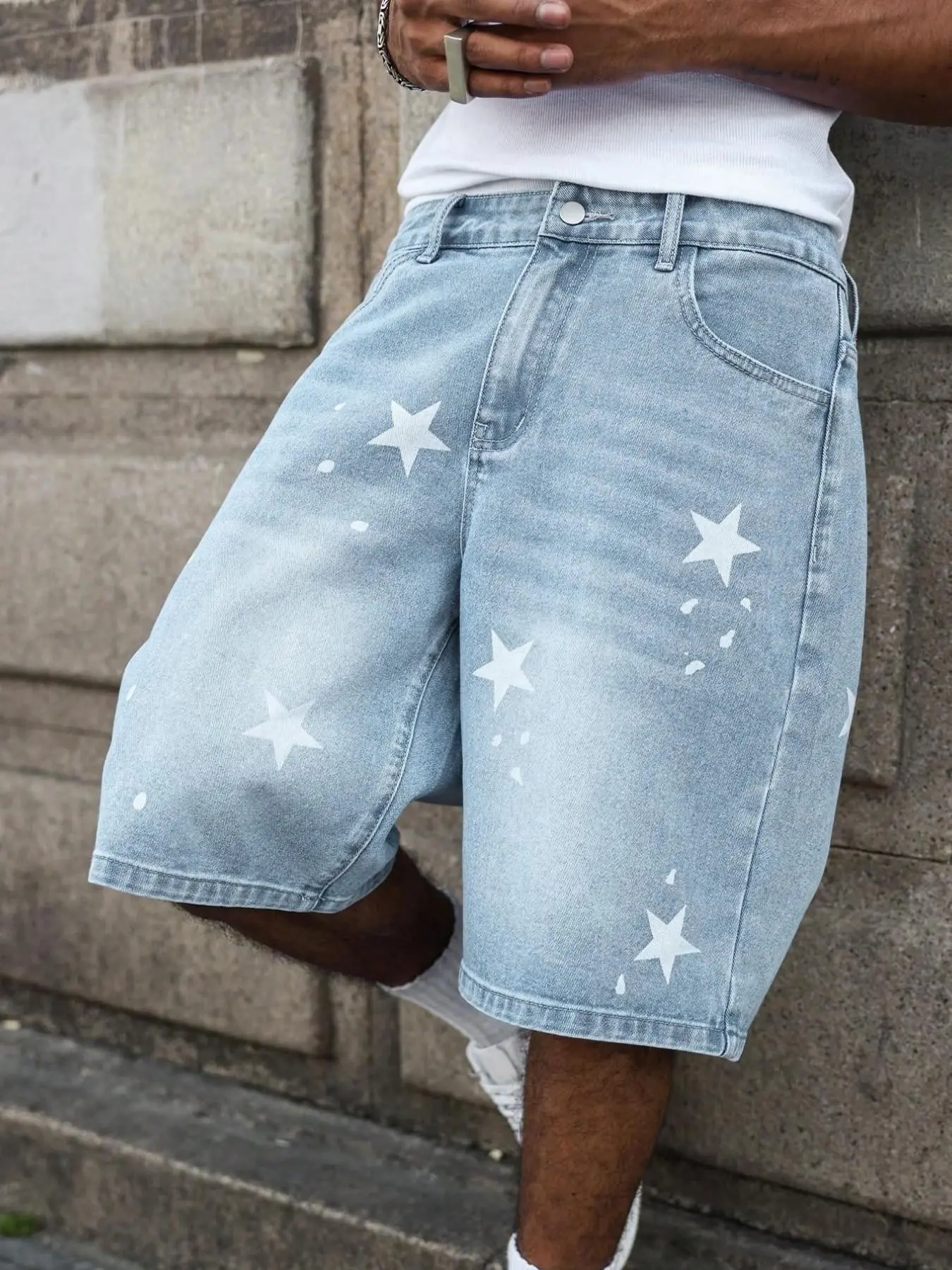 Unisex Star Print Denim Shorts, American High Street Baggy Washed Jorts, Viral TikTok Pick for Street Style, Skate Outings, Y2K Fits, Gradient Wash + Wide-Leg Fit, Denim Jorts, Streetwear