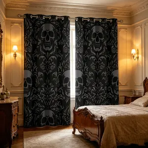 Two-Piece Half-Blackout Grommet Curtains for Living Room & Bedroom, Gothic Skull Print, Easy Installation, Suitable for Apartments & Hotels