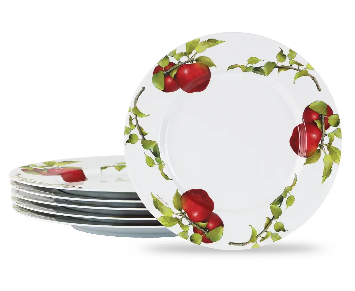 212 MAIN 6-Piece Melamine Dinner Plates Set - 11" d & 7.25" d Round Harvest Apples Design, Colorful Decorative, Refined Edge, Lightweight, Dishwasher-Safe Kitchen Tableware, Six Pieces