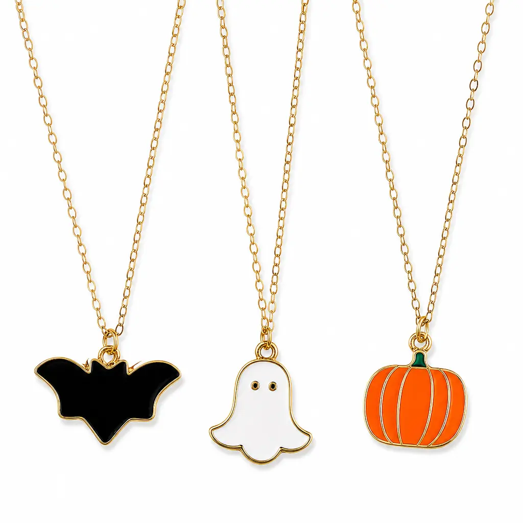 Women's Gold-Tone Alloy Halloween Pendant Necklace, Bat Ghost & Pumpkin Design, 40cm+8cm Adjustable Chain, Cute Fall Spooky Season Artificial Gemstone Jewelry
