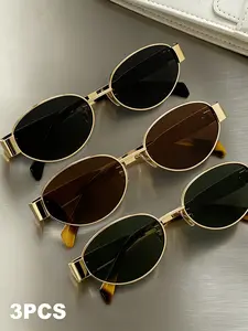 Women's Fashion Oval Metal Glasses, Frame Lenses, Stylish Eyewear Accessories, Pack of 3 Pairs, Sunglasses Set