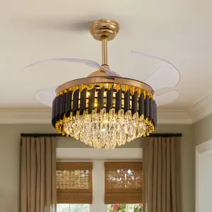 Chandelier Ceiling Fan with Remote/APP Control 6 Speeds Reversible LED Light Large Luxury Crystal Fandelier Ceiling Fan with Light and Retractable Blade Decoration Lamp for Living Room Dining Room Home Lighting Height Adjustable Lamps(48“/52“)