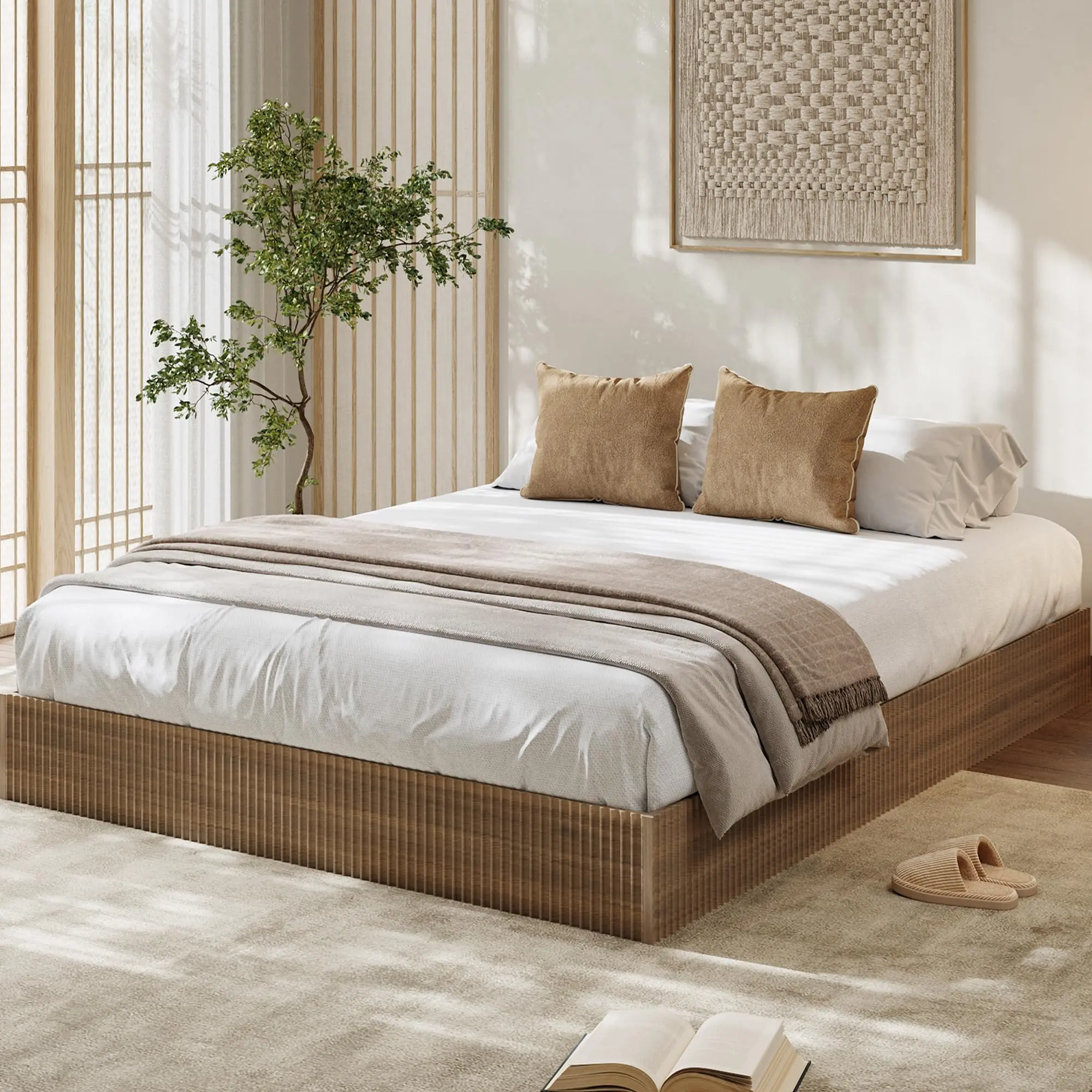 Garvee Minimalist Fluted Wooden Platform Bed Frame - Low Profile, Noise-Free, Easy Assembly, No Box Spring Needed, Sturdy Contemporary Floor Bed Frame (Multiple Sizes, Finishes Available), Contemporary Bed