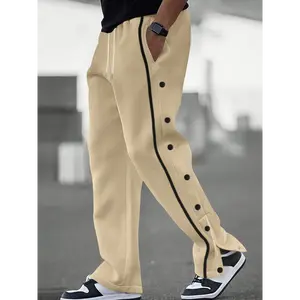 Men's Casual Polyester Sweatpants with Button Detail, Solid Color Knit Fabric, Regular Fit, Elastic Waistband, for Weekend Wear and Festive Occasions - Fall/Winter Collection Menswear Stretch sweatpants men pants men