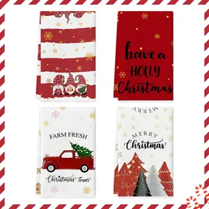 2/4pcs red festive Christmas towel set, Christmas tree, snowflake, snowman printed dishwashing tea towel, multifunctional cleaning towel, Decorative Towels, suitable for kitchen and restaurant Christmas party home decoration, exquisite gift towel