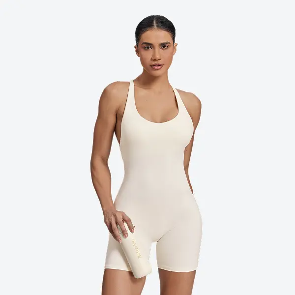 BetterMe Women's Ivory Halter Crossback Bodyshort with Built-In Bra, Sweat-Wicking Fabric Workout Jumpsuit for Gym Training, Dance & Contemporary Dancing Attire