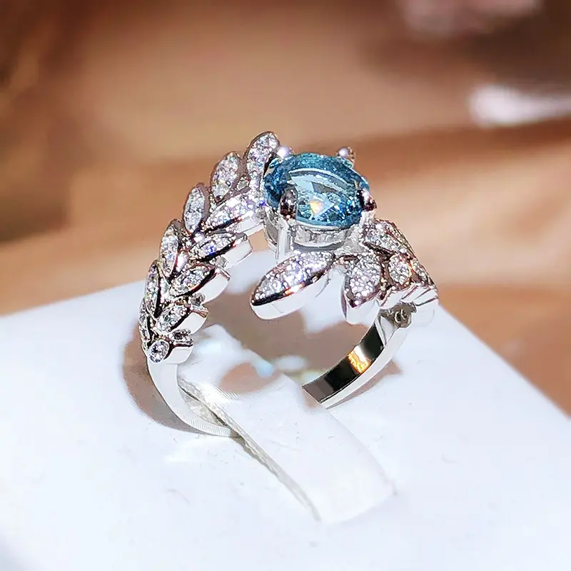 Women's Blue Aquamarine Feather Open Ring, Adjustable Statement Jewelry with Shiny Zircon, Elegant for Wedding Party