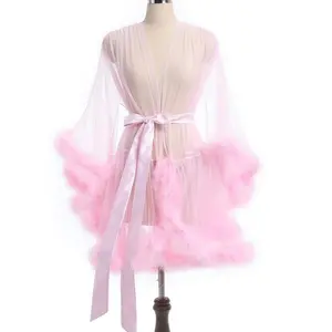 Women's Elegant Lace-Up Robe - Plush & Sheer Long Sleeve Loungewear for Special Occasions