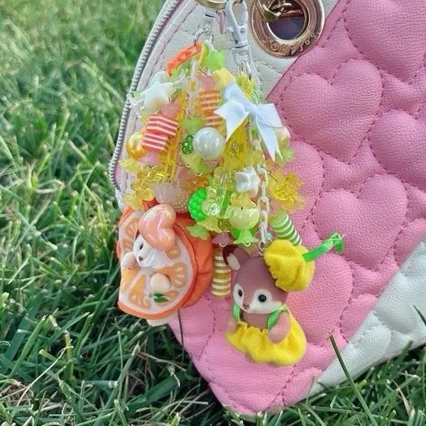 Cute Fruit Shaped Critter Keychain Handmade Candy Style Charm for Phone Bag Purse Fob Zipper Pull Mirror Hair Clip Unique Design with 2 Attachments Cat