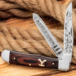 Ranch Hand Trapper Pocket Knife - Stainless Steel Blades, Laser-Etched Art, Wooden Handle Scales, Brass Pins