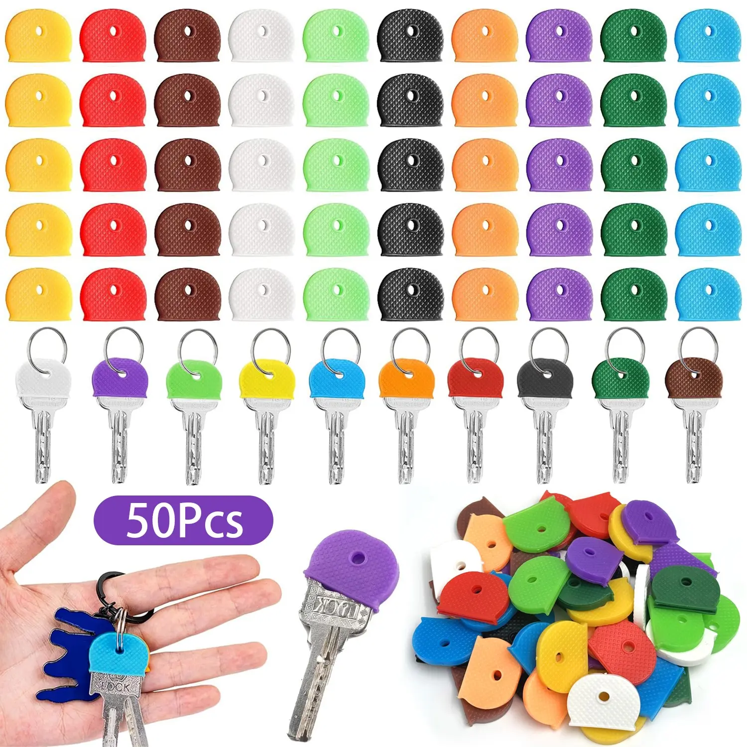 50 Pcs Key Caps Covers Key Cap Tags Colorful Key Identifiers Protectors Flexible Key Toppers for Regular Flat House Keys Key Accessories