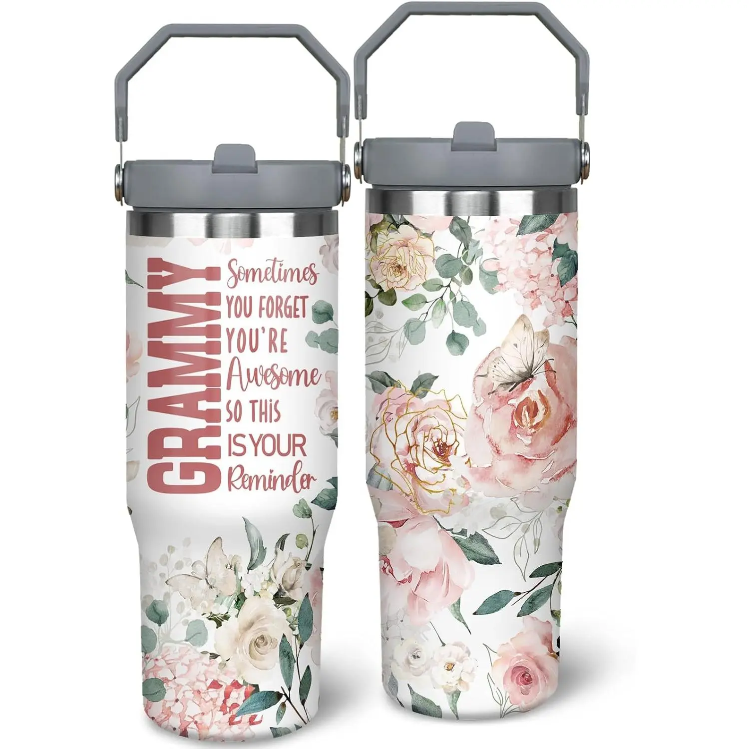 30oz Stainless Steel Thermal Insulated Grandma Vacuum Flask - Portable Printed Water Bottle, Nana Coffee Mug with Top Handle, Straw, Lid, Christmas Birthday Gifts for Grammy, Flasks