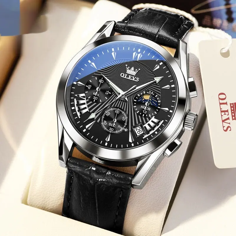 Men's Leather Strap Quartz Watch - Multifunction Timepiece with Timing and Calendar Features, Leather Strap Watch