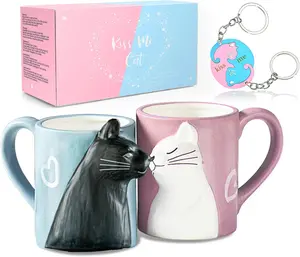 Couple Gifts Cute Kissing Cat Mug Matching Ceramic Coffee Mugs for Wedding Gifts, Anniversary, Engagement, Handmade Set, 12oz Cup
