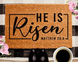 He Is Risen Easter Doormat, Easter Decor, Welcome Mat, Spring Door Mat, Easter Gift, Matthew 28:6, Scripture Doormat, Christian Easter Decor