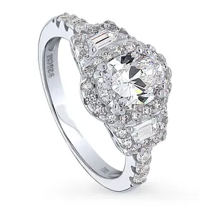 BERRICLE Sterling Silver 3-Stone Halo Art Deco Wedding Engagement Rings for Women, 1.2 Carat Oval Cut Cubic Zirconia CZ Ring