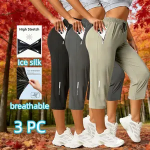 3PC Women's Ice Silk Capri Pants, Highly Elastic, Breathable, and Quick Drying, Zipper Security Pockets, All-Season Casual for Fitness, Yoga, Running & Daily Outdoor