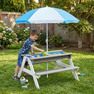 Fahuac 3-in-1 Kids Wooden Picnic Table with Umbrella, Convertible Sand and Water Activity Table, ASTM CPSIA Certified Gray Outdoor Play Set for Garden Backyard, Ideal for Kids Outdoor Play, Outdoor Play Sets