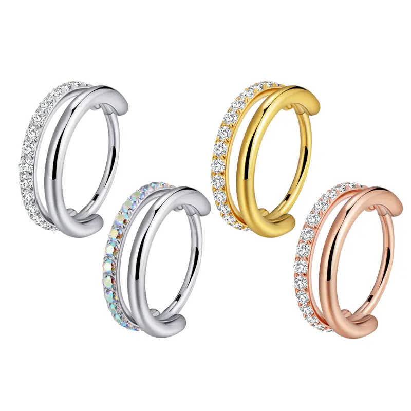 Titanium Half & Half Double Hoop Plain Side & Micro Gem Side Hinged Nose Ring