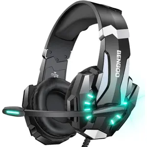 BENGOO G9000 Stereo Gaming Headset for PS4 PC Xbox One PS5 Controller, Noise Cancelling over Ear Headphones with Mic, LED Light, Bass Surround, Soft Memory Earmuffs for Laptop Mac - Black BENGOO