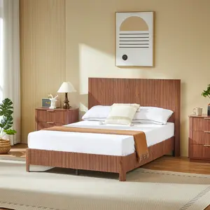 Full Size Platform Bed Frame with Headboard and Sturdy Stalse, Wooden corrugated curved lines, No Box Spring Needed, Walnut.