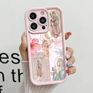 Virgin Mary Pattern Phone Case , Soft Silicone , Fully Protected and Shockproof For iPhone 17 16 15 Pro Max 14 13 12 11 XSMAX Plus Air Mini Pink Girl