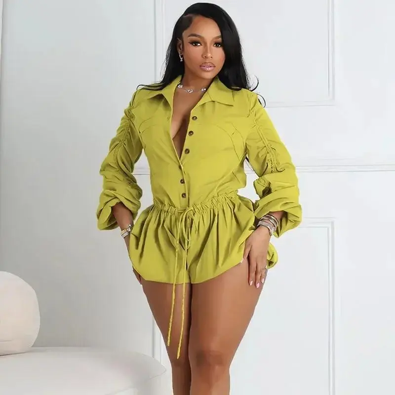 Sets Solid Casual Playsuit Woman Jumpsuit Shorts Long Sleeve Single Breasted Turn-down Collar Drawstring Waist One Pieces Romper
