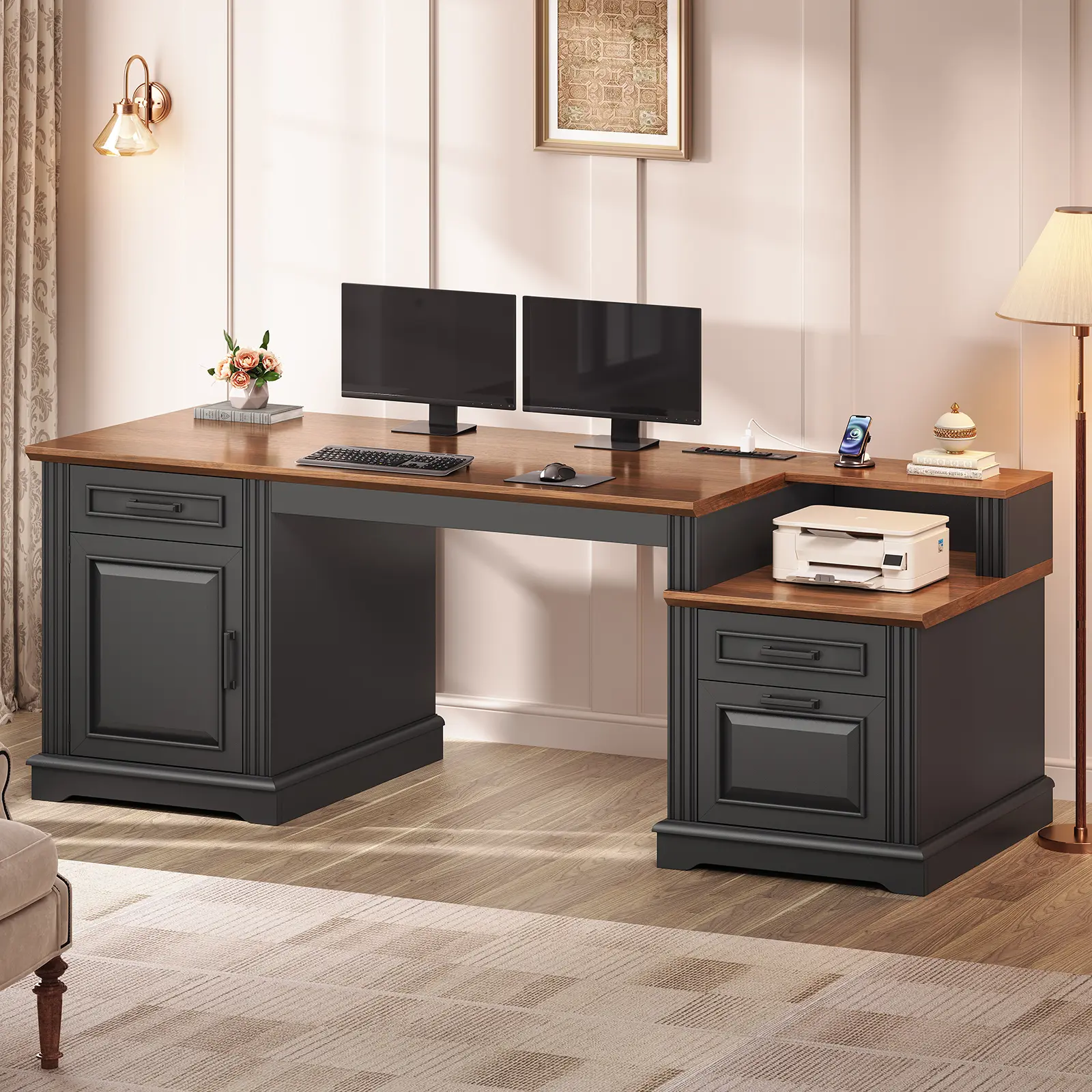 SEDETA Farmhouse Executive Desk, 62'' Home Office Desk with File Drawers, 3Drawer and Storage Cabinet, Computer Desk with Power Outlet for Home Office, Work Study Writing