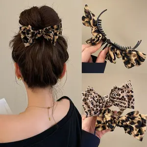 Women's Vintage Leopard Print Fabric Bow Shape Plastic Hair Claw Clip, 1pc, for Ages 14+