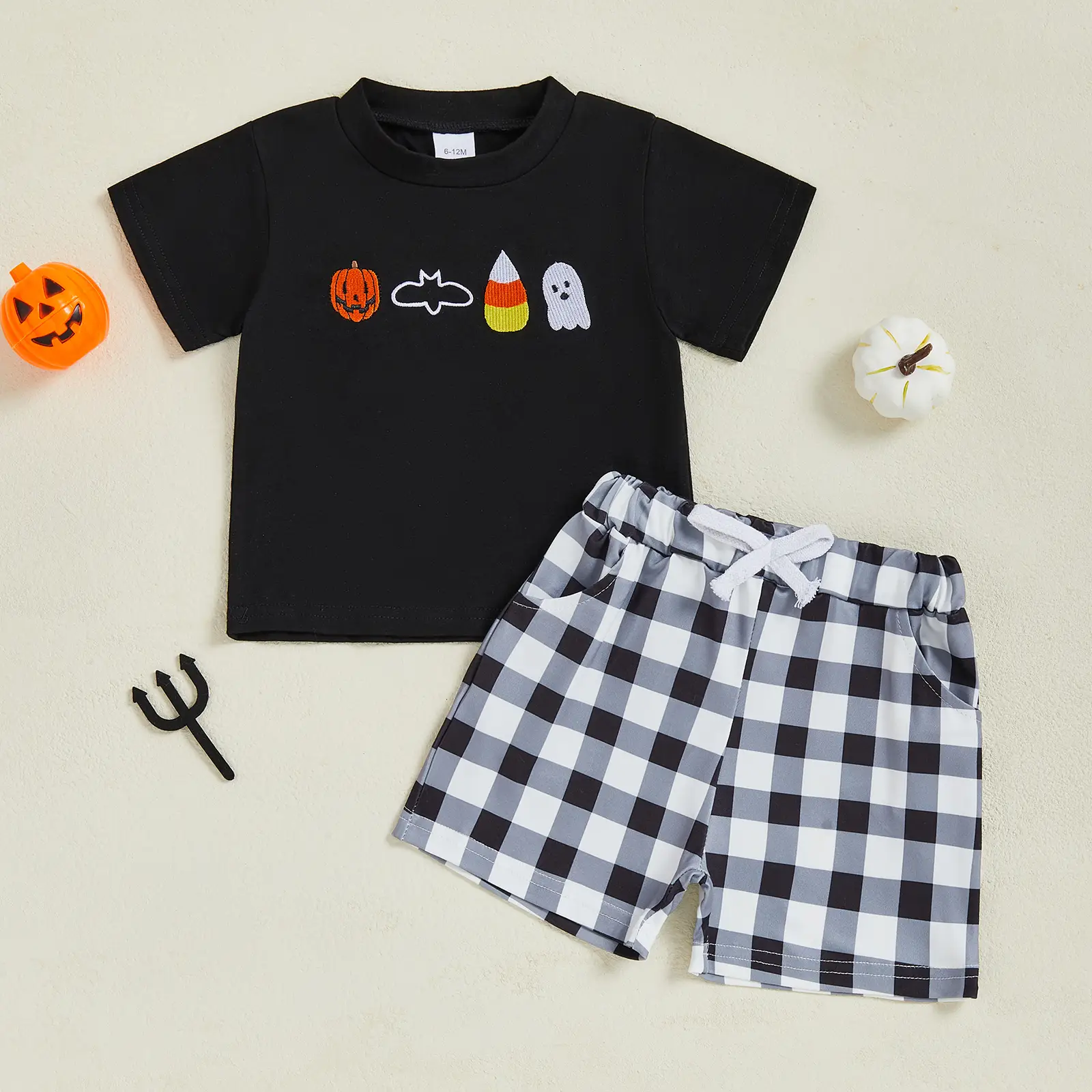 Toddler Baby Boys Halloween Outfit Short Sleeve Bat Ghost Pumpkin Embroidered Tops and Plaid Shorts Sets