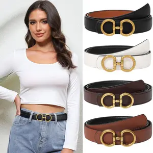 Elegant Reversible PU Leather Belt for Women Accessories Two-in-One Women Fashion Vintage PU Leather Belt for Jeans Dress with Golden Buckle