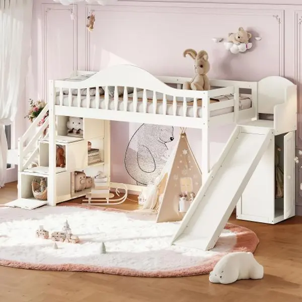 [Bellemave]Twin/Full Loft Bed with Storage Stairs, Slide & Built-in Wardrobe, Stylish High Guardrail,wood Loft Bed Frame for Bedroom,dorms,guests