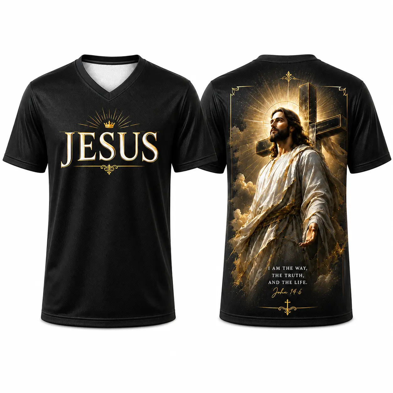 Jesus Christian Faith V-Neck Sports Shirt for Men Women, Black John 14:6 Cross Graphic Short Sleeve Inspirational Tee