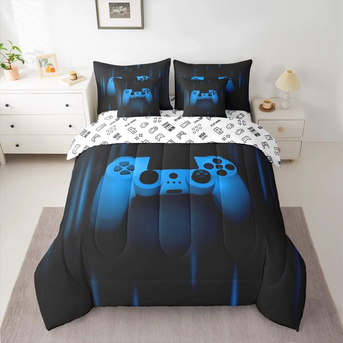 Feelyou 7-Piece Gamer Bedding Set - Blue Black Gamepad Queen Quilt Bedding Set with Breathable Soft Blanket, Sheets, Pillowcases, Cushion Covers for Teens, Bedding Sets