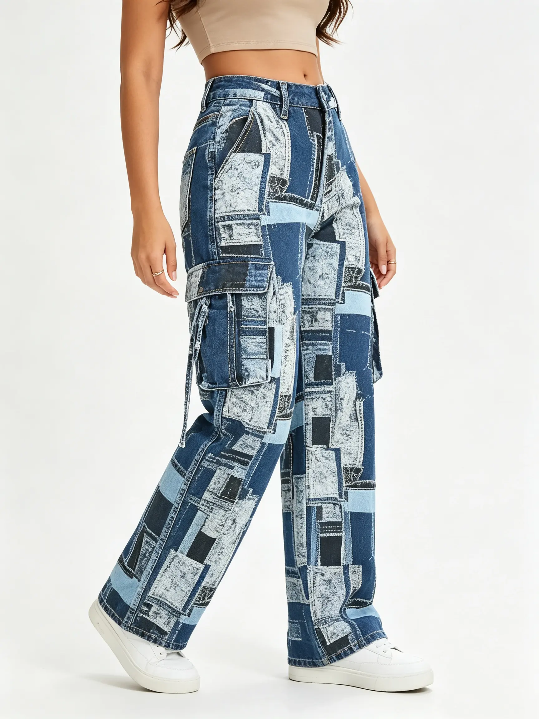 Bohemian Patchwork Straight Leg Jeans Patchwork Fitted Maxi Cargo Jeans Women's Edgy Bottoms Statement Streetwear
