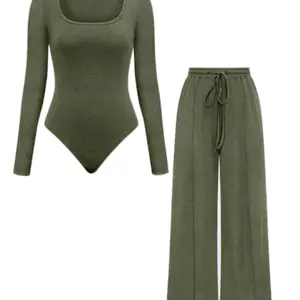 Franclia Women's Autumn Solid Color Square Collar Long Sleeve Bodysuit & Wide Leg Pants Casual Loose Set Fall Outfit