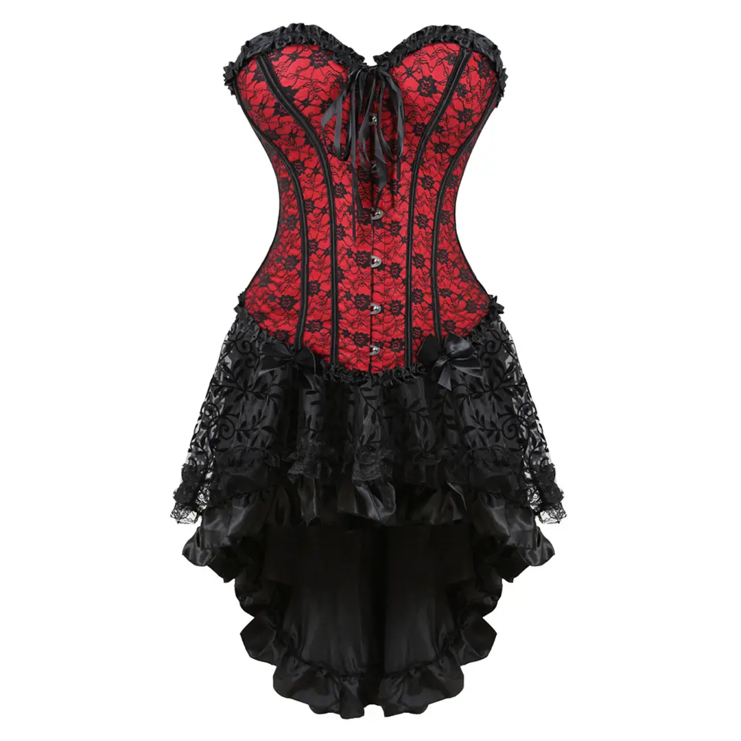 Women's Vintage Floral Elegant Twist Lace Overbust Corset Dress Set - Gothic High-Low Skirt, Steampunk Burlesque Halloween Party Clothes, Polyester, Sweetheart
