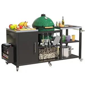Aecojoy Outdoor Grill Table for Big Green Egg, 69.7" Stainless Steel Grill Cart with Cabinet & Shelves, Heavy Duty 920LBS Outdoor Kitchen Island, Compatible with Large Big Green Egg, Kamado Joe Classic Metal Handles