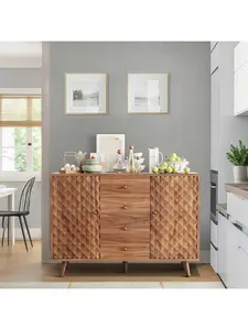 47in Rustic Farmhouse Wood Sideboard Buffet Cabinet, Kitchen Dining Room Storage Organizer with 4 Drawers (Smooth Glides) and 2 Doors, Living Room Console Table