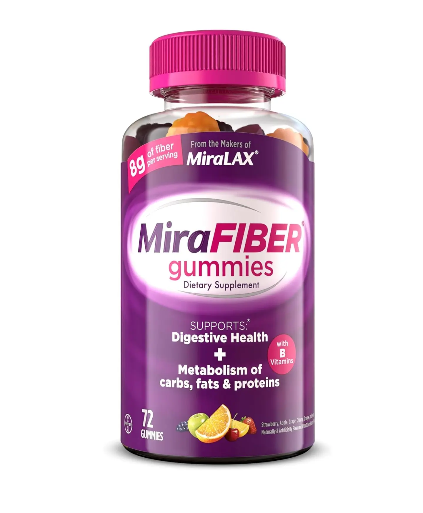 MiraFIBER Gummies by MiraLAX | 72 Count Fruit-Flavored Fiber Gummies with 8g Prebiotic Fiber & B Vitamins – Daily Digestive Health & Metabolism Support for Adults & Gut Wellness Healthcare Dietary
