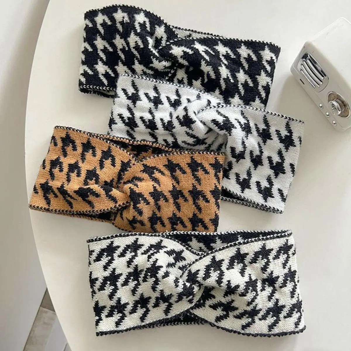 Women's Wide Headbands 4-Pack - Vintage Houndstooth & Solid Twist Ear Warmers, Thick Soft Full Coverage Knit Bands for Winter Hiking, Female Sports, Plain, Everyday