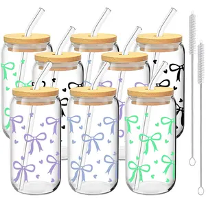 4/8 Pack Bow&Heart Pattern Glass Cups with Lids and Straws, 16oz Reusable Iced Coffee Cups, Glass Tumblers, Reusable Glass Bottle