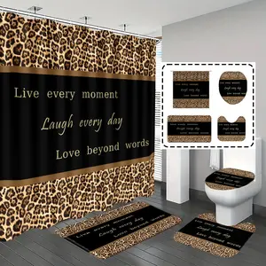 Popular Choice 1pc/4pcs, Shower curtain sets, bathroom curtains shower, bathroom set, shower curtains, bathroom rug, home decoration, Home Goods, bathroom mat, leopard print and letter pattern, simple luxurious decoration, and 12 hooks are given away