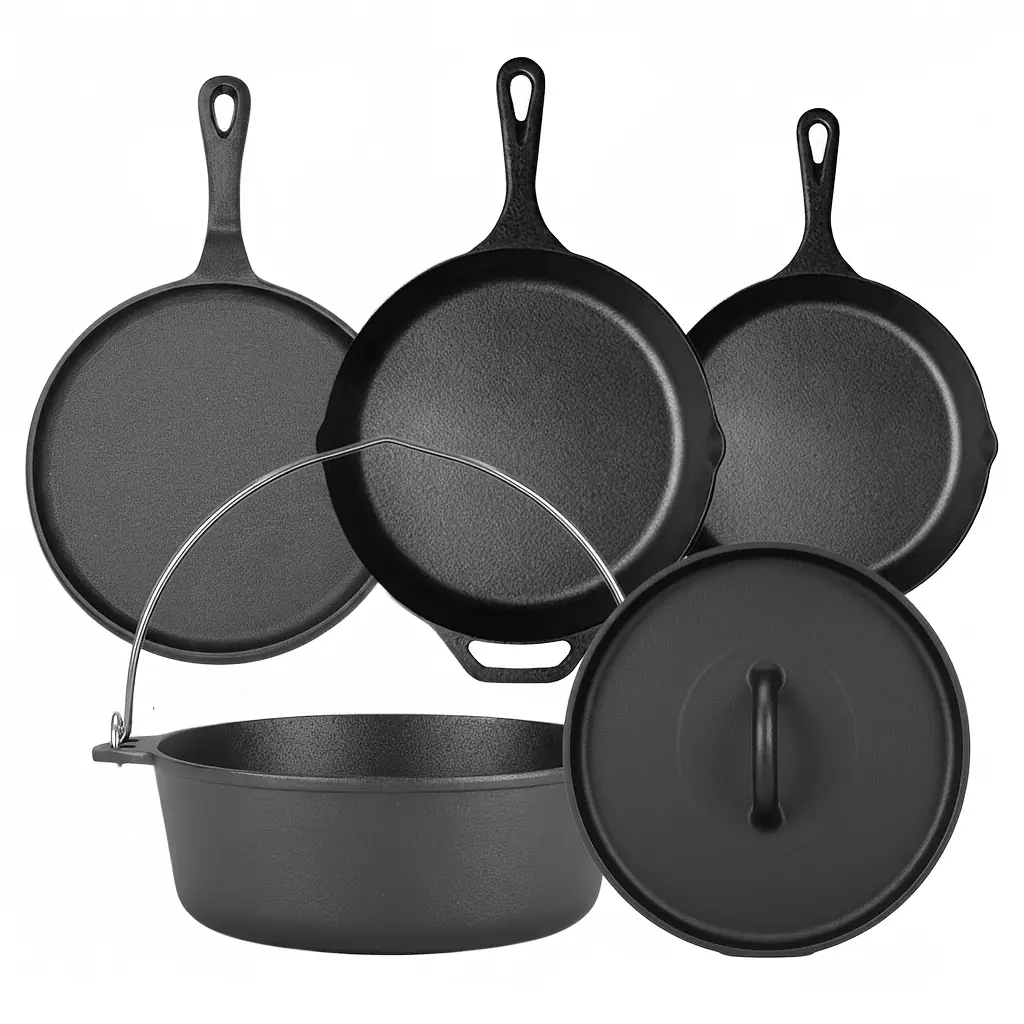 PACILACK Cast Iron Pots and Pans Set, 5-Piece Pre-Seasoned Cast Iron Cookware Set with Skillets, Griddle & Dutch Oven, Camping Essentials, Non-Toxic Cookware for BBQ & Outdoor Cooking