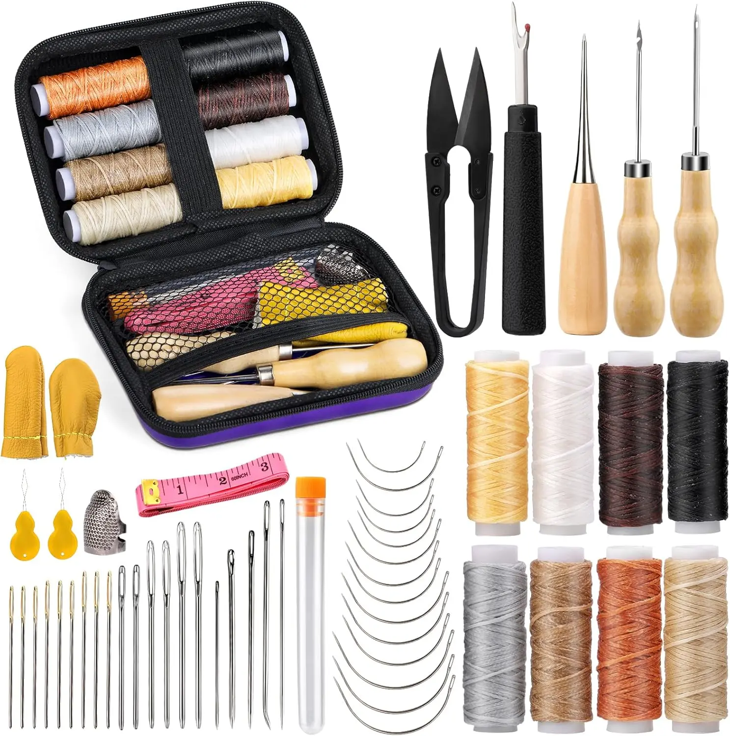 54 count Upholstery Repair Sewing Kit, 8 count Waxed Thread, Leather Sewing , Stitching Awl, Thimble, Heavy Duty Upholstery Repair Kit for Carseat Backpack Carpet Boots Shoes Canvas Sofa