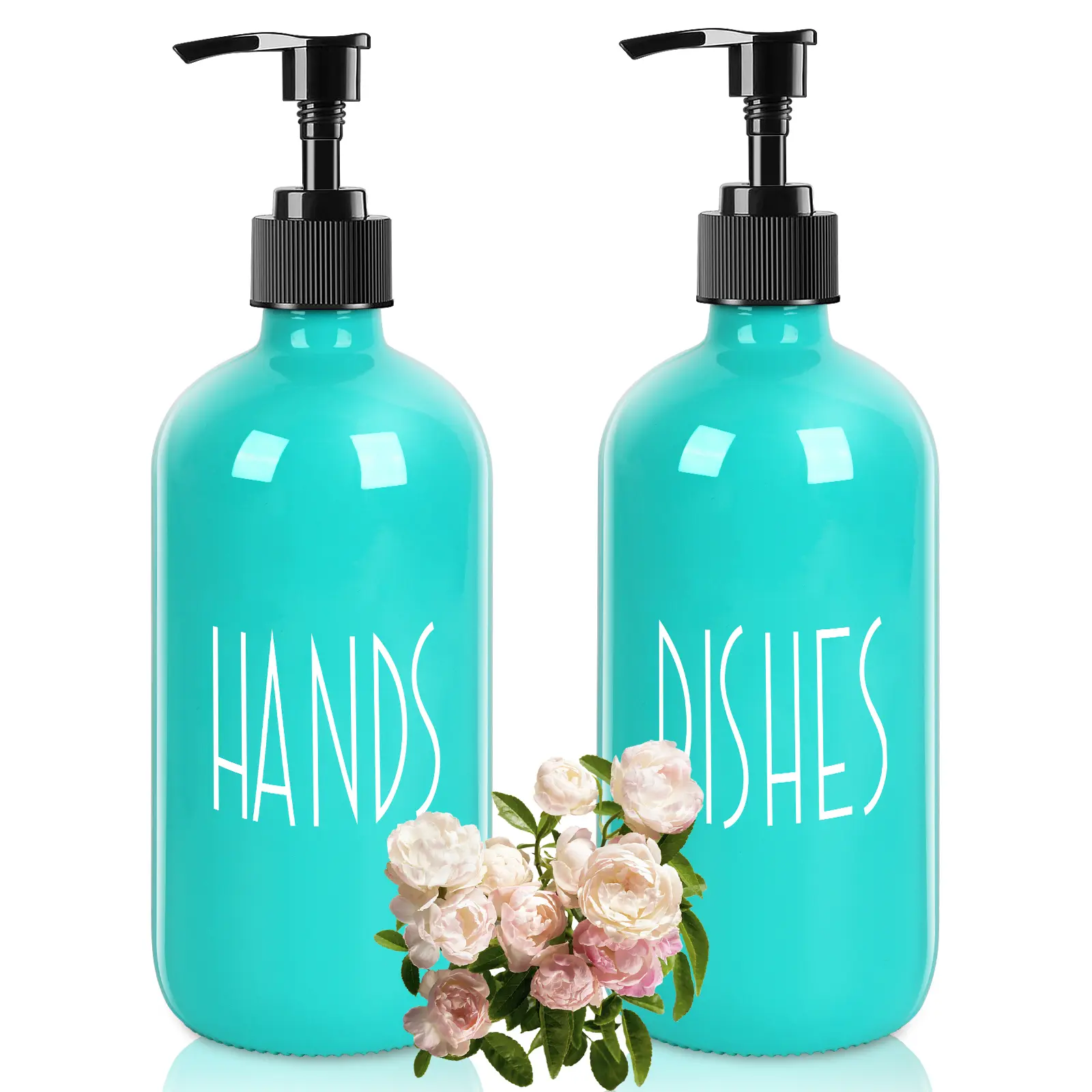Rustic Farmhouse Eco-Friendly Lettering Glass Hand Soap Dispenser Set - 2-Pack 16 oz Freestanding Press Pump Refill Bottles for Kitchen, Bathroom Decor