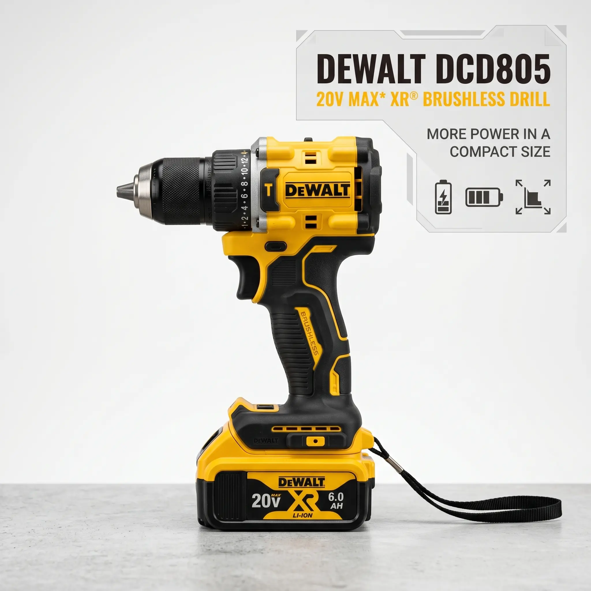 DEWALT DCD805 Brushless Cordless Drill Driver For Household Installation Wood Metal Drilling And On Site Renovation Dual Speed Regulation High Torque Output Metal Chuck Compact Frame And Stable Operating Performance