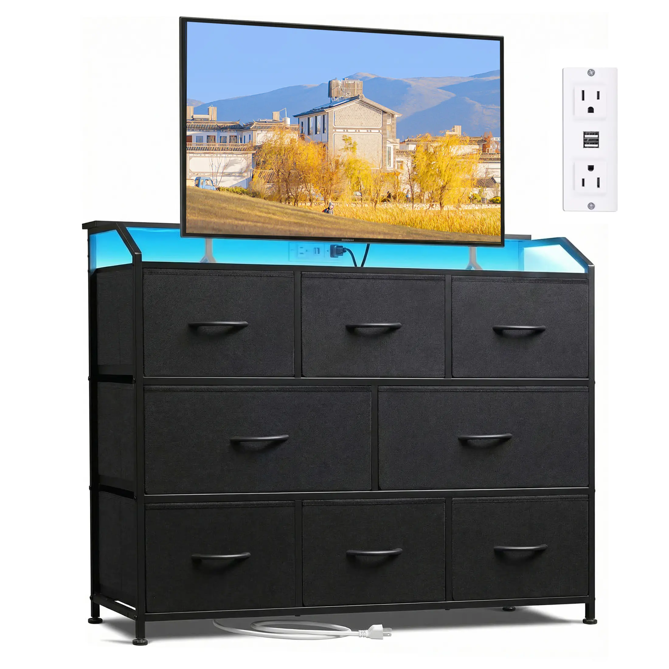 Sweetcrispy 8-Fabric-Drawer Durable Modern Bedroom Dresser - Organizer Storage, Built-In Power Hub, Customizable RGB Lighting, Space-Saving Apartment Furniture for Home Organization Storage (Living Room Media Cabinet)