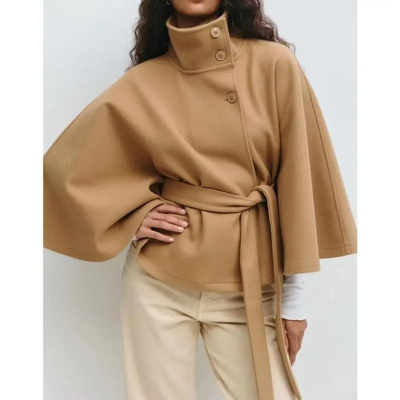 Women's Polyester Belted Trench Coat - Simple, Solid Fit Long-Sleeve Autumn Winter Stand-Collar Button Outerwear, Casual Elegant Minimalist Top (Khaki, White, Black, Navy Blue, Coffee)