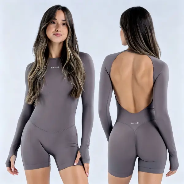 (With Logo) DFYNE Backless Long SleeveYogaBodysuit,PilatesTok, GymFit, OpenBackBodysuit,SeamlessActivewear, WorkoutRomper,YogaOnesie, FitnessOutfit, SculptWear